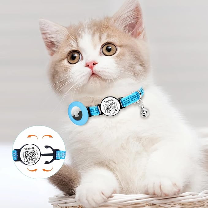 Reflective AirTag Cat Collar Breakaway, TAGHELP GPS Cat Collar with Apple Air Tag Holder, Cat Tracker Collars with Safety Elastic Band for Girl Boy Cats, Kittens and Puppies (Blue B)