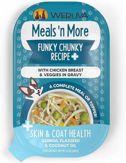 Weruva Meals 'n More Natural Wet Dog Food, Funky Chunky Plus Skin & Coat Health, 3.5oz Cup (Pack of 12)