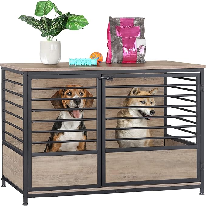 Dog Crate Furniture, Melos Wooden Heavy Duty Dog Cage Side End Table, Indoor Dog Kennel, Decorative Style Steel Tube Structure Pet Crate House for Large/Medium/Small Dog,Light Oak