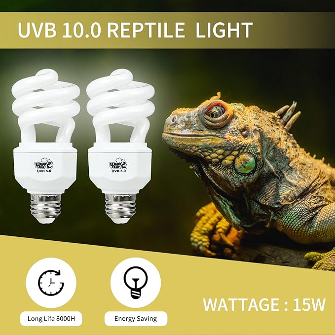 LUCKY HERP 2 Pack UVA UVB Reptile Light, 15W 10.0 UVB Bulb for Desert Reptiles, Compact Fluorescent Terrarium Lamp, Reptile UVB Bulb for Bearded Dragon, Lizard, Tortoise