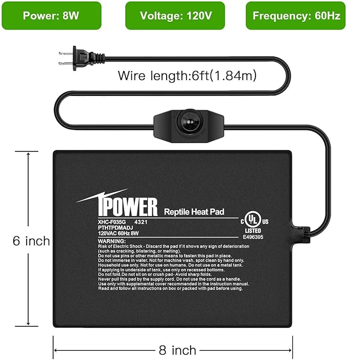 iPower 6 by 8-Inch 8 Watts Reptile Heating Mat with Temperature Controller Under Tank Warmer Terrarium Heat Pad for Reptiles and Amphibians, Black