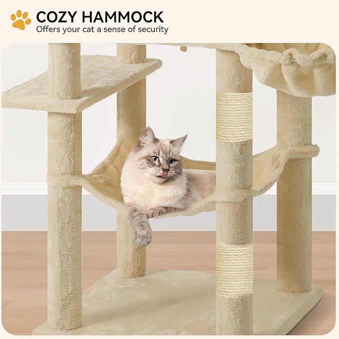 YITAHOME 64.5" Cat Tree, Multi-Level Cat House, Large Cat Condo Furniture with Perch Hammock, Scratching Posts and Dangling Balls for Kittens, Cats and Pets, Beige