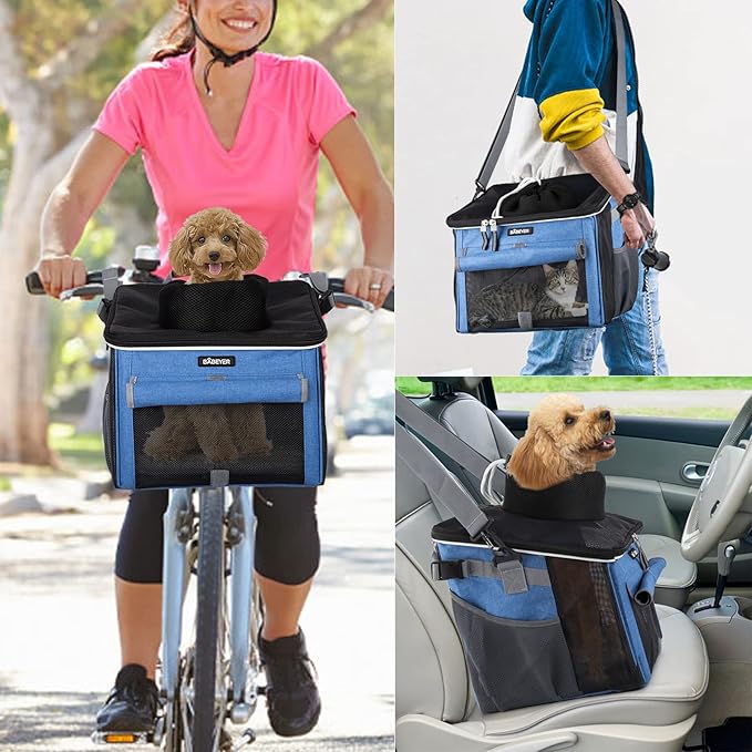 Dog Bike Basket, Soft-Sided Pet Bike Carrier with 4 Mesh Windows for Small Dog Cat Puppies - Blue