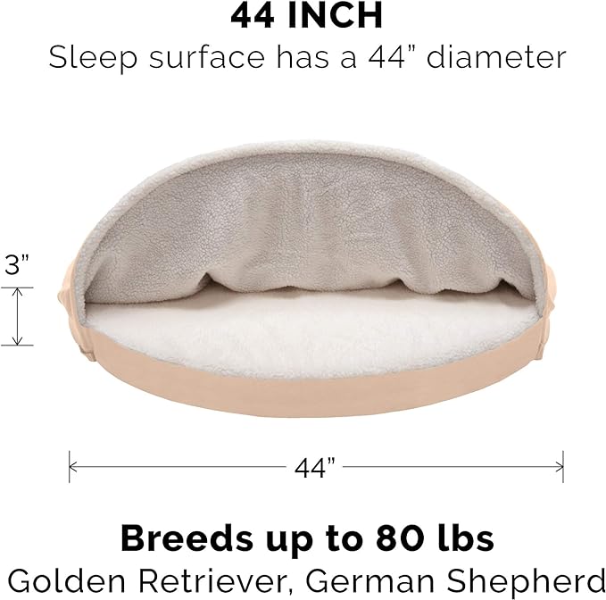 Furhaven 44" Round Memory Foam Dog Bed for Large Dogs w/ Removable Washable Cover, For Dogs Up to 80 lbs - Sherpa & Suede Snuggery - Cream, 44-inch
