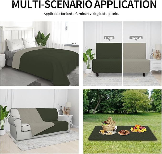 Easy-Going 100% Waterproof Dog Bed Cover Reversible Leak Proof Couch Cover Washable Sofa Cover Furniture Protector Blanket for Pets Kids Children Dog Cat (82x86 Inch, Army Green/Beige)