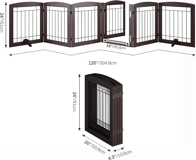 Folding Pet Gate 120" Wide, 24" Tall No-Assembly Wooden Dog Gate with Door Walk Through, Freestanding Wire Pet Gate, Pet Puppy Safety Fence, with 2PCS Support - Espresso