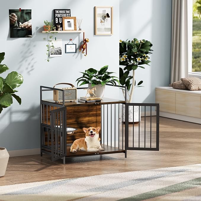 ROOMTEC Dog Crate Furniture-Style Cages for Small Dogs Indoor Heavy Duty Super Sturdy Dog Kennels with 2 Stainless Steel Bowls (32Inch = Int.dims: 30.7" W x 20" D x 20" H)