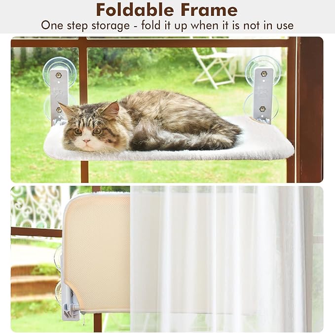 AMOSIJOY Cordless Cat Window Perch, Cat Hammock for Wall with 4 Strong Suction Cups, Solid Metal Frame and Reversible Cover, Foldable Cat Beds for Indoor Cats (Medium-White)