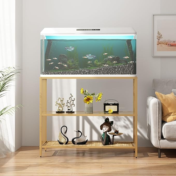 Fish Tank Stand with Metal Shelves, 55 Gallon Aquarium Stand Heavy Duty Turtle Tank Terrariums Tank Breeder Reptile Tank Stand for Home Office, 48.4” x 14.9” x 29.5” (Gold)