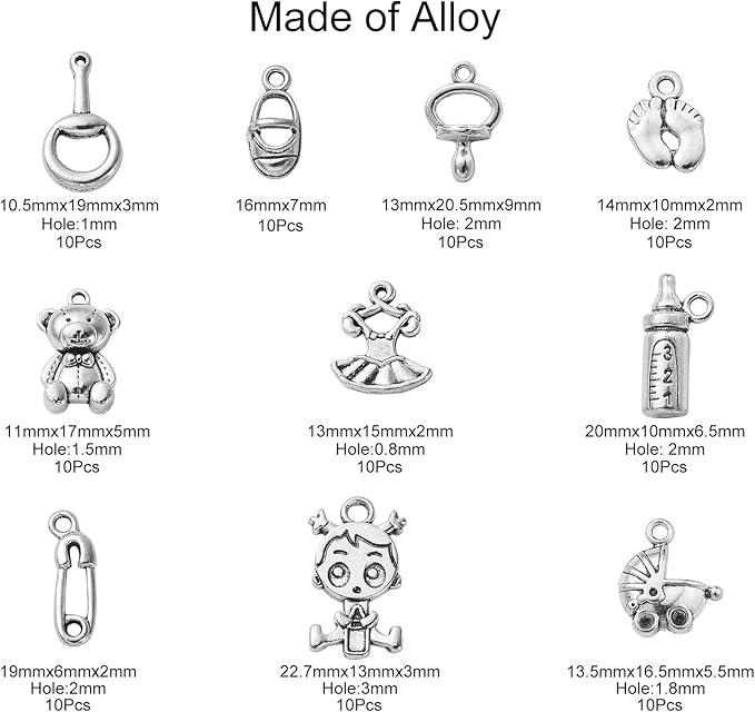 Stiesy 100 Pcs Baby Girl Themed Tibetan Alloy Charms Bell Shoes Baby Feet Feeding Bottle Baby Carriage Charms for Jewelry Making DIY Crafts