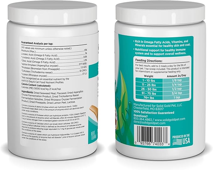 Solid Gold SeaMeal Cat & Dog Food Topper - Kelp Powder Dog & Cat Multivitamin - Omega 3 & Digestive Enzymes for Skin & Coat, Gut + Immune Support - 1 LB