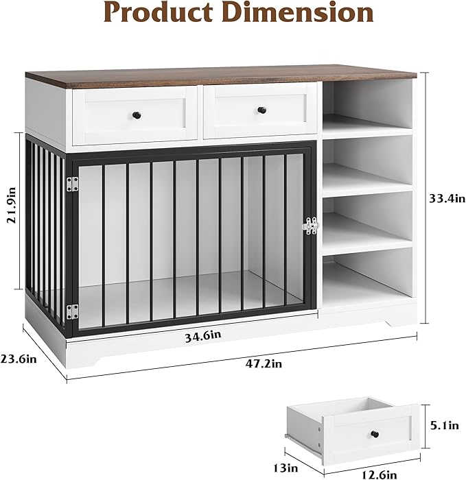 IDEALHOUSE Large Dog Crate Furniture, 47” Dog Crate with 2 Drawers and 4 Shelves, Heavy Duty Wooden Dog Crate, Decorative Dog Indoor Kennel Furniture Indoor with Storage, White