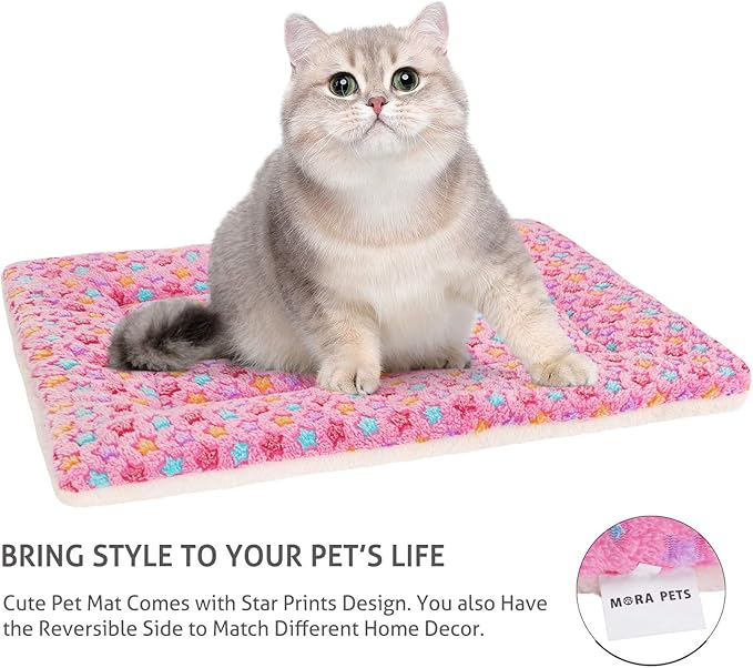 Mora Pets Cat Bed Dog Crate Pad Ultra Soft Pet Bed with Cute Star Print Washable Crate Mat for Small Dogs and Indoor Cats Reversible Fleece Dog Kennel Pad Cat Carrier Mat 14 x 17.5 inch Pink