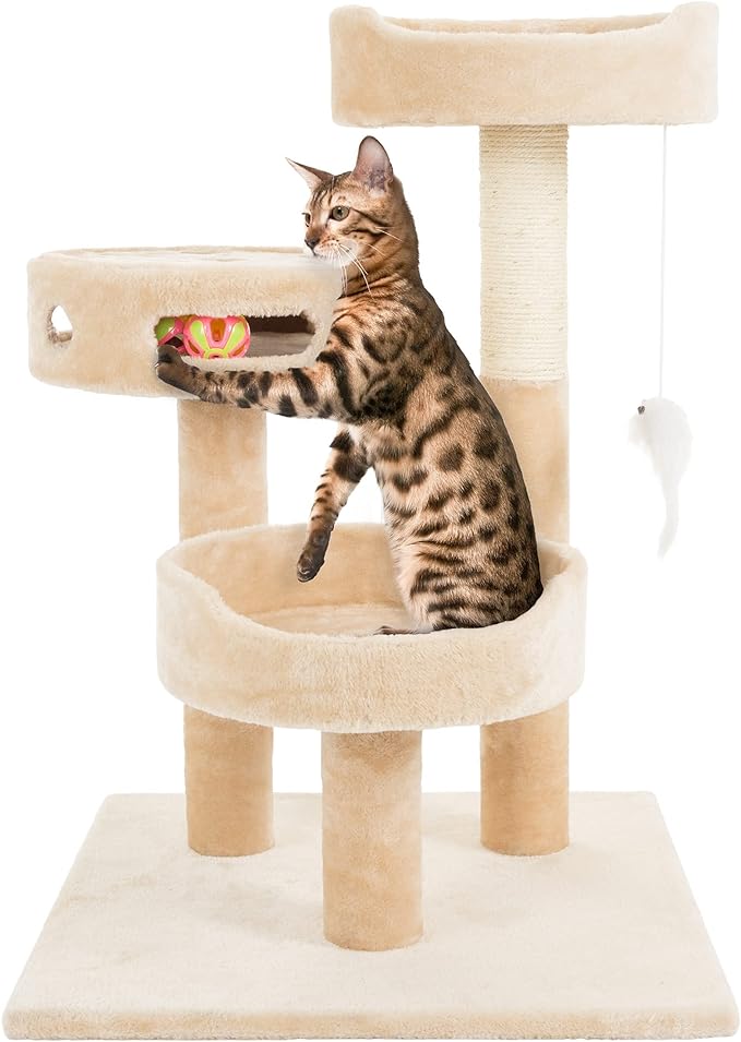 Cat Tree - 3-Tier Tall Cat Tower Condo with 2 Napping Perches, Sisal Rope Scratching Post, Hanging Mouse and Interactive Wheel Toy by PETMAKER (Beige), 27.5"