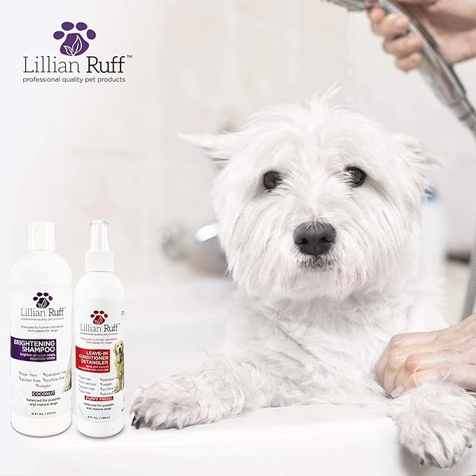 Lillian Ruff Ultra-Brightening Professional Whitening Shampoo for Dogs & Leave-in Dog Conditioner Detangler Spray Set - pH-Balanced Dog Whitening Shampoo & No Rinse Hydrating Dog Conditioning Spray