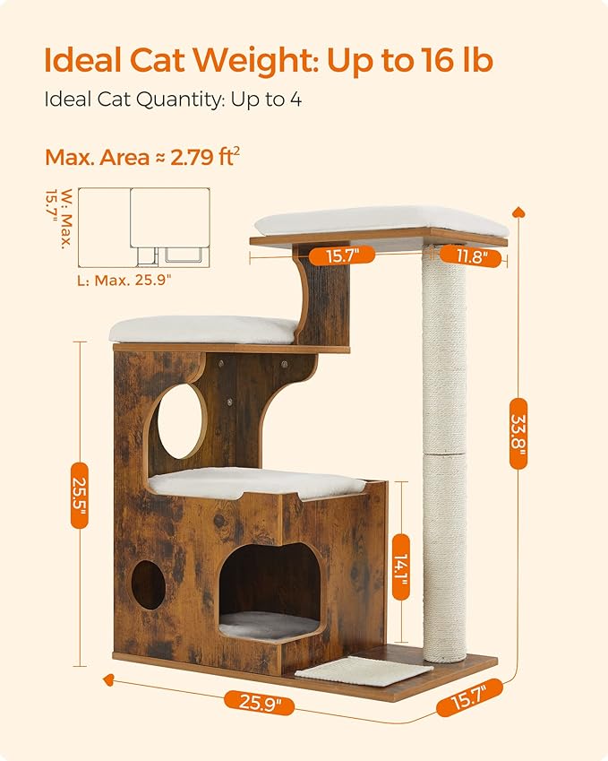 Feandrea 33.9-Inch Cat Tower, Medium Cat Tree with 3 Beds and Cave, Cat Condo Made of MDF with Wood Veneer, Sisal Post and Washable Faux Fur, Vintage, Rustic Brown and White UPCT70HW