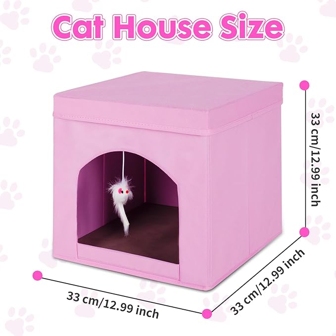 ShellKingdom Collapsible Cat House, Foldable Kitty Cat Cube and Cat Cave with Bed, Cat Stool Condo for Indoor Cats Gifts, 13 x 13 x 13 inches (Pink)