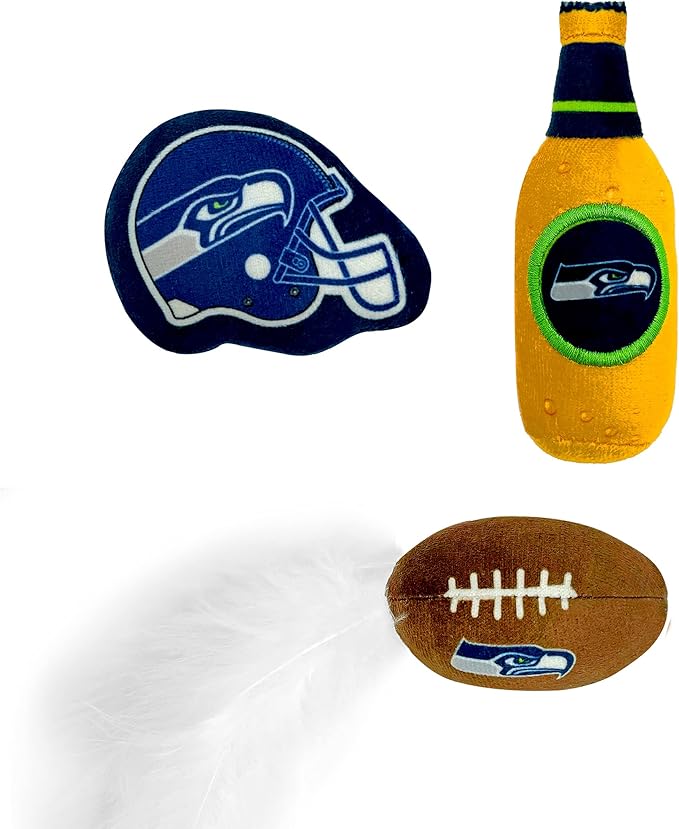 BEST PLUSH CAT TOY - NFL SEATTLE SEAHAWKS Complete Set of 3 piece Cat Toys filled with Fresh Catnip. Includes: 1 Helmet Cat Toy, 1 Football Cat Toy with Feathers & 1 Beer Bottle. Beautiful Team LOGOS