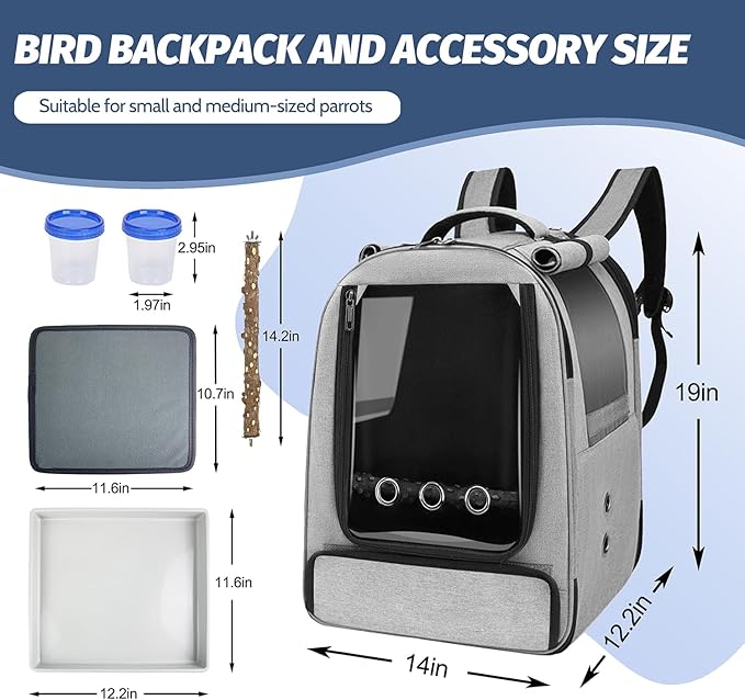 Bird Backpack Carrier,Bird Travel cage Backpack with Tray and Standing Perch,Feeding Tank,Waterproof pad,Used for Parakeets,hornbirds,Lovebirds,Small and Medium-Sized Bird