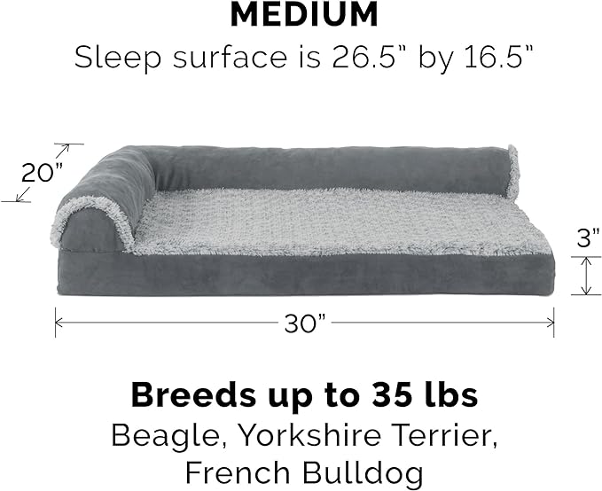 Furhaven Memory Foam Dog Bed for Medium/Small Dogs w/ Removable Bolsters & Washable Cover, Up to 35 lbs - Two-Tone Plush Faux Fur & Suede L Shaped Chaise - Stone Gray, Medium, 30.0"L x 20.0"W x 6.0"Th