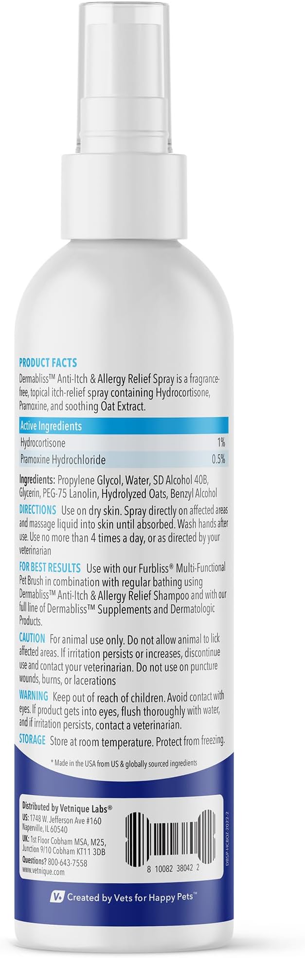 Vetnique Dermabliss Anti Itch Spray for Dogs & Cats with Hydrocortisone for Allergies and Immediate Dog Itching Skin Relief - Fragrance Free with Soothing Oat Extract (8oz Anti Itch Spray)