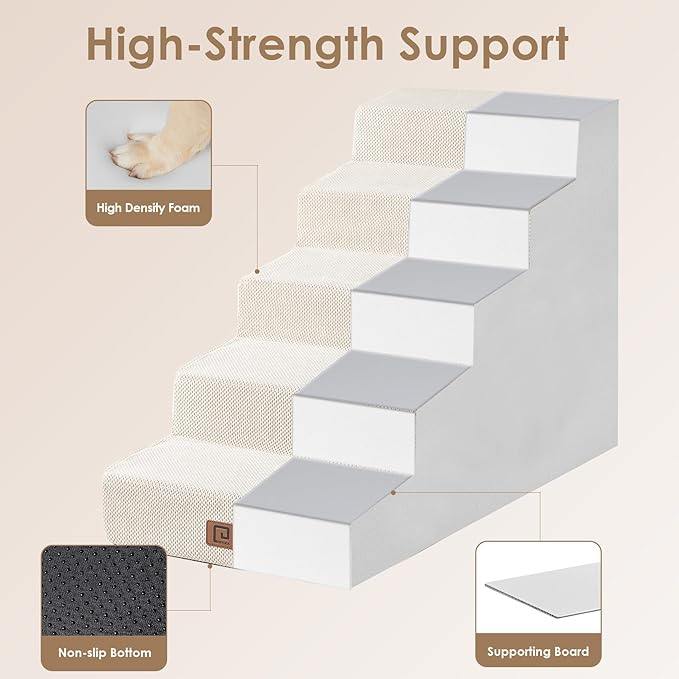 EHEYCIGA Dog Stairs for High Beds 22.5" H, 5-Step Dog Steps for Small Dogs and Cats, Slope Pet Steps with Non-Slip Bottom, Beige