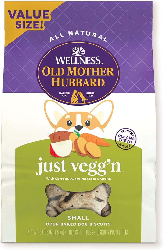 Old Mother Hubbard by Wellness Classic Just Vegg'N Natural Dog Treats, Crunchy Oven-Baked Biscuits, Ideal for Training, Small Size, 3.3 pound bag