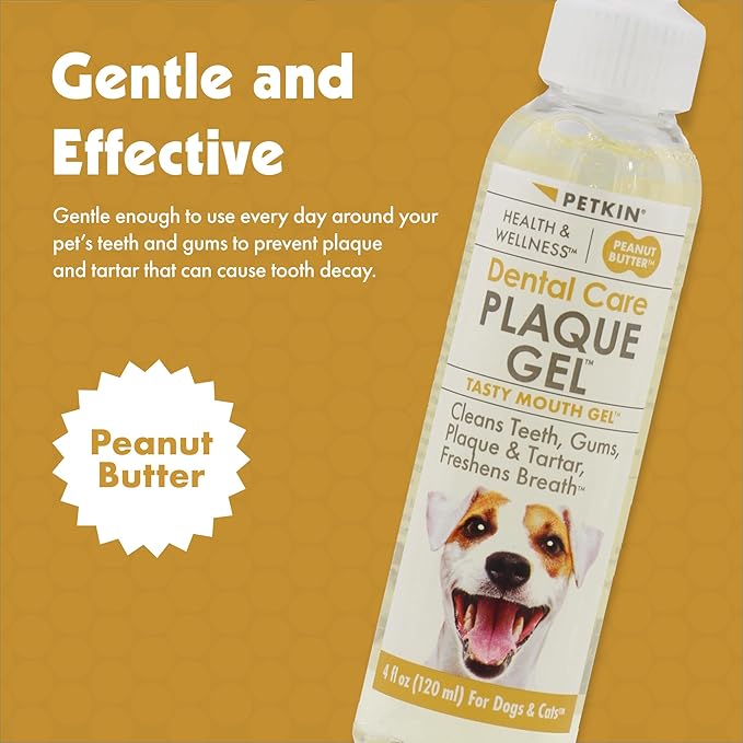 Petkin Plaque Remover Gel, Peanut Butter – Cleans Teeth and Gums, Removes Plaque and Tartar - Freshens Breath and Whitens Teeth with Baking Soda - Ideal for Daily Use, No Brushing or Rinsing - 4 fl oz