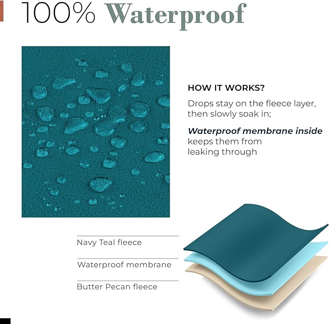 Waterproof Blanket for Bed - Enjoy Intimacy, Peaceful, Cherished Love Moments - Fleece Blanket Waterproof, Dual-Tone Navy Teal/Butter Pecan, Perfect for Couples, Adults & Pets/Dogs [80”x90”]