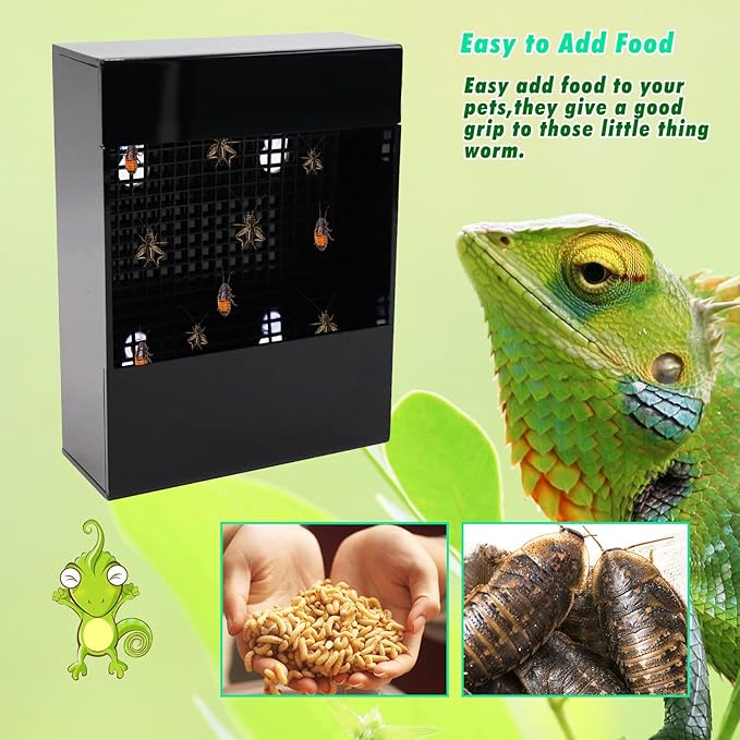 Chameleon Feeder, Bearded Dragon Bug Bowl, Black Acrylic Reptile Feeder Box, Wall-Mounted Insect Feeder with Suction Cups, Tank and Aquarium Accessories for Lizard Bearded Dragon Gecko Frog