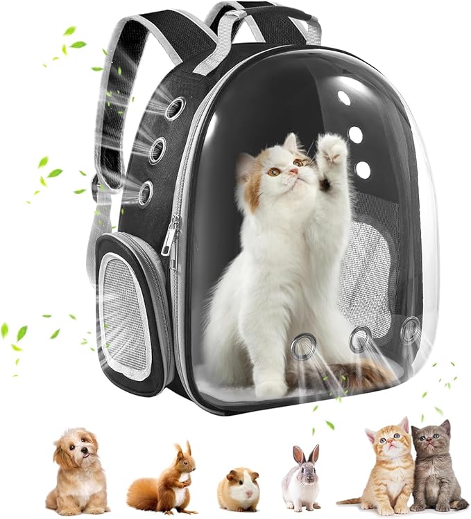 Pawaboo Cat Backpack Carrier, Pet Bubble Carrying Bag for Small Medium Kitty Puppy, Transparent Cat Space Capsule Backpack Airline Approved, Breathable Cat Travel Bag for Hiking Walking Camping, Black