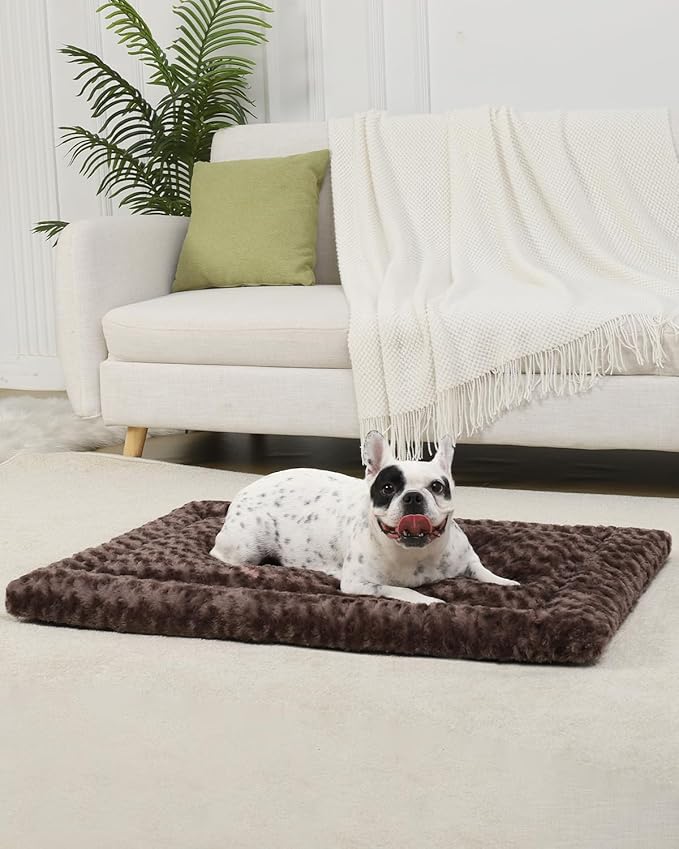 Washable Dog Bed Mat Reversible Dog Crate Pad Soft Fluffy Pet Kennel Beds Dog Sleeping Mattress for Large Jumbo Medium Small Dogs, 35 x 22 Inch, Brown