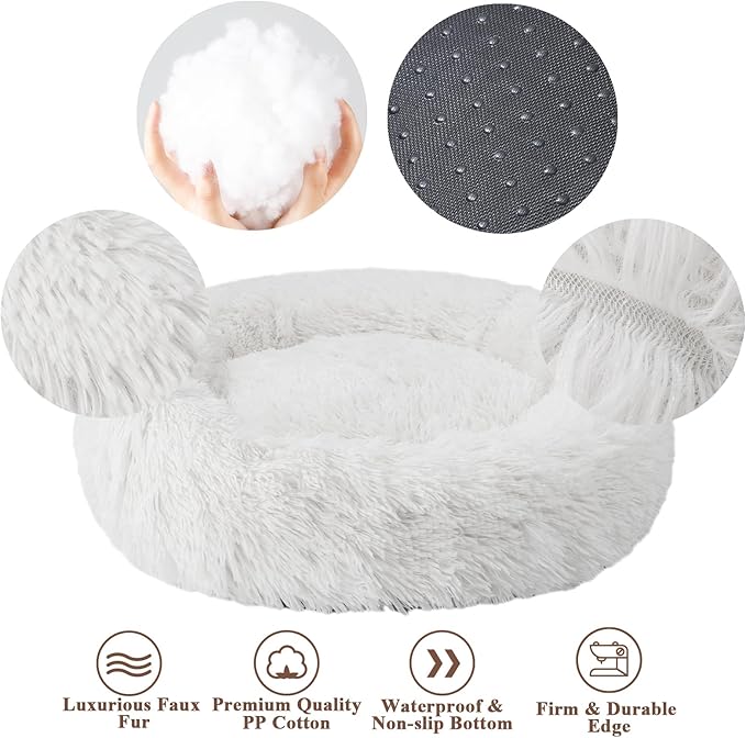 Aurako Cat Bed Dog Bed Round Cushion Pet Bed Mat Ultra Soft Plush Donut Sofa Comfortable Pillow Machine Washable Pet Cuddle Beds for Kitten Small Medium Large Dogs Cats 20" Milky White