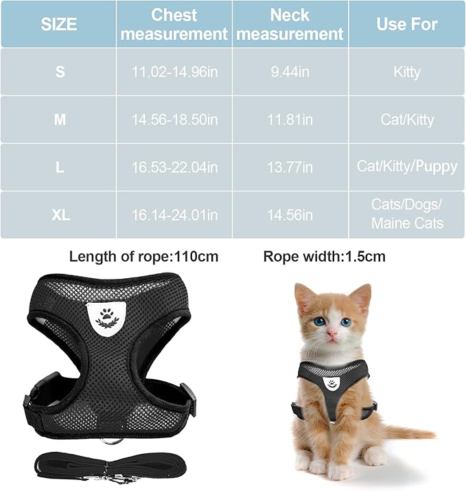 Summer cat Chest Harness and Leash, Anti-Escape Adjustable Soft mesh cat Leash and Chest Harness Set for All Types of Cats cat Vests (Size S,Black)