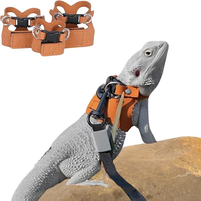 3 Pack Bearded Dragon Harness and Leash Set - Adjustable Soft Leather Lizard Harness with Retractable Leash Small Animal Traction Rope Walking Vest Accessories for Reptile Squirrel Rat (3 Pack)