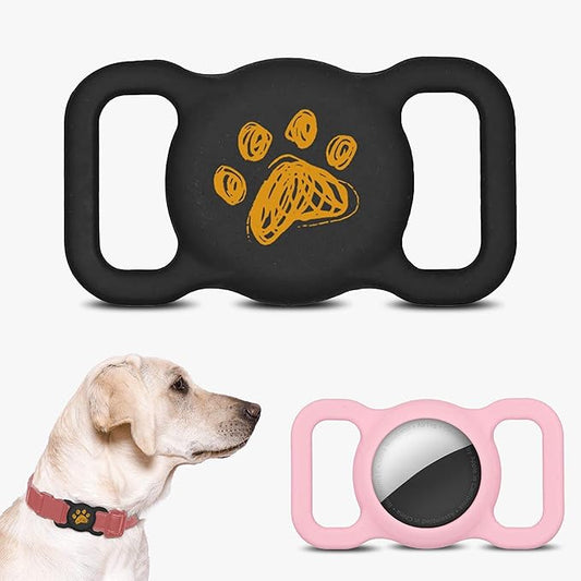 Silicone Airtag Holder for Dog Collar - 2 Pack | Serves as Dog GPS Tracker Case | Holder for AirTag Dog Collar | Waterproof Airtag Holder | Dog Apple Airtag Holder | Secure Dog Tracker (Black & Pink)