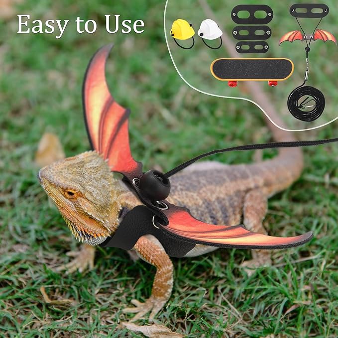 5 Pieces Bearded Dragon Accessories Toy Set Bearded Dragon Leashes and Harnesses S/M/L 3 Size Packed Lizard Harness Mini Scooter Lizard Helmet Hats Adjustable Bearded Dragon Leash (Orange)