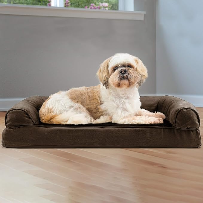 Furhaven Orthopedic Dog Bed for Medium/Small Dogs w/ Removable Bolsters & Washable Cover, For Dogs Up to 35 lbs - Plush & Suede Sofa - Espresso, Medium