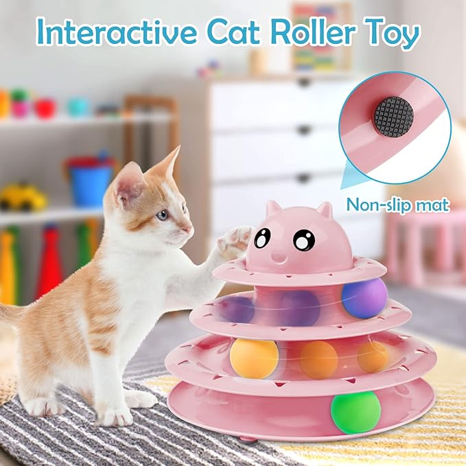 UPSKY 20 PCS Cat Toys, Cat Roller Toy 3-Level Turntable Cat Toys Balls for Indoor Cats, Kitten Toys Set with Cat Teaser Toys, Mice Toys, Spring toys, and Various Ball Toys.