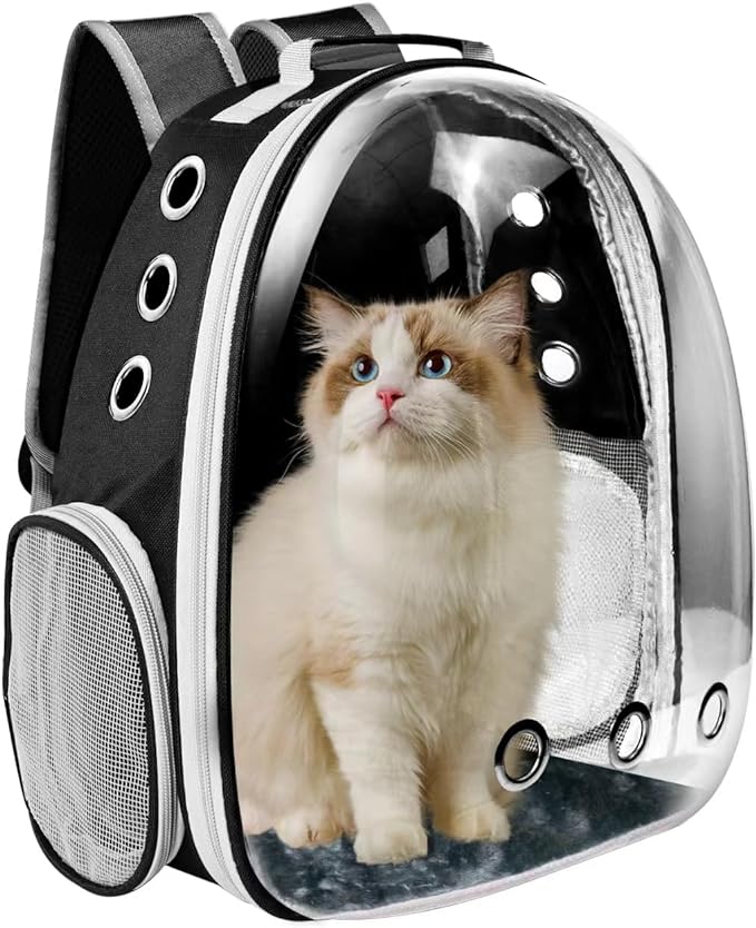 Cat Backpack Carrier, Pet Cat Carrier with Ventilated Design for Carrying Puppy Cats, Pet Carrier Back Pack Bag Space Capsule for Traveling/Hiking/Camping/Outdoors (Black)