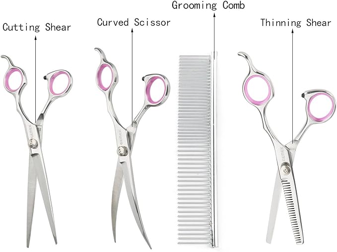 GEMEK Pet Cat Dog Grooming Scissors Set 4 Pieces Stainless Steel Professional Pet Trimmer Kit - 7.5 inch Straight Cutting Scissors, Thinning Shears, Curved Scissors, Grooming Combs