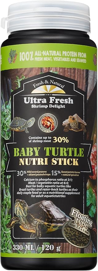 Ultra Fresh Floating Baby Turtle Food, All Natural Ingredients, Wild Sword Prawn, Calcium Vitamin D Enriched for Picky Aquatic Baby Turtles, Baby Turtle Nutri Stick 3.35 oz