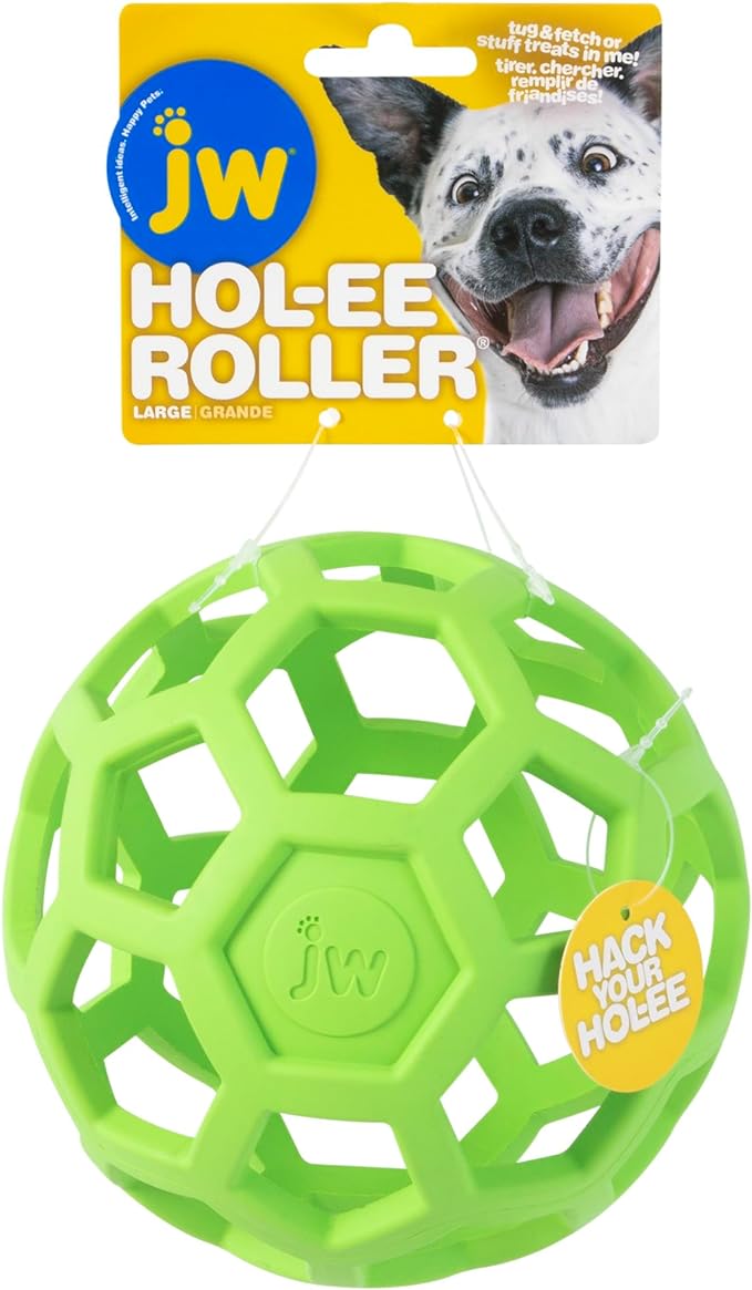 JW Pet Hol-ee Roller Dog Toy Puzzle Ball, Natural Rubber, Large (5.5 Inch Diameter), Colors May Vary