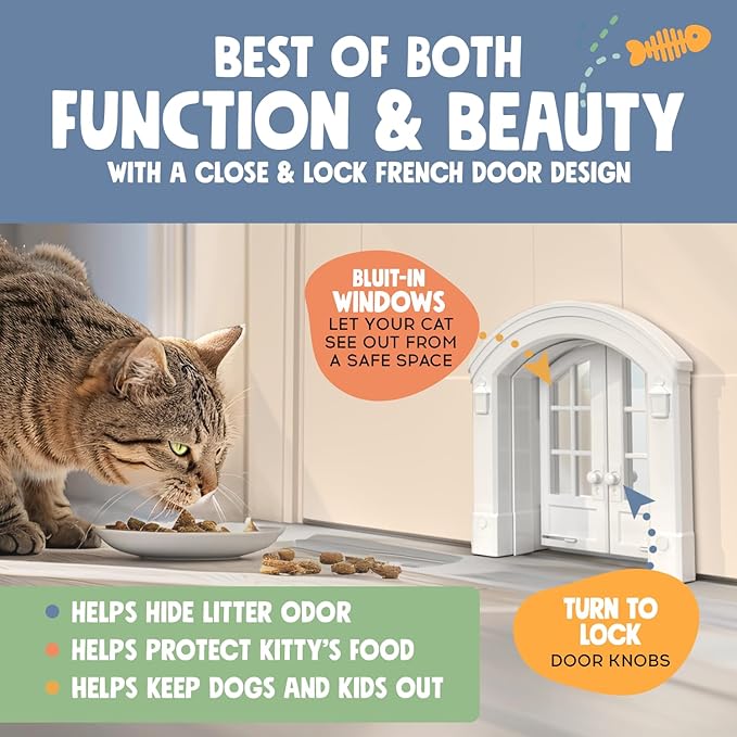 Purrfect Portal French Cat Door - Stylish No-Flap Cat Door Interior Door for Average-Sized Cats Up to 20 lbs, Easy DIY Setup, Secured Installation in Minutes, No Training Needed, 7.13 x 8.32”