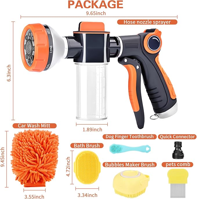 Pup Jet Dog Wash, 8 Way Spray Pattern Garden Hose Nozzle with Soap Dispenser, Dog Wash Supplies with 2 type Dog Bath Brush, Dog Comb and Toothbursh, Car Wash Mitt for Washing Cars & Pets