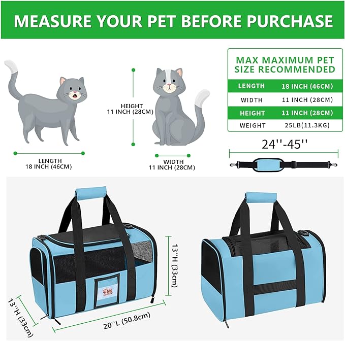 Extra Large Pet Carrier 20 lbs+, Soft Sided Cat Carriers for Large Cats Under 25 lbs, Folding Big Dog Carrier 20"x13"x13", Cat Carrier for 2 Cats Travel Carrier -Large- Blue