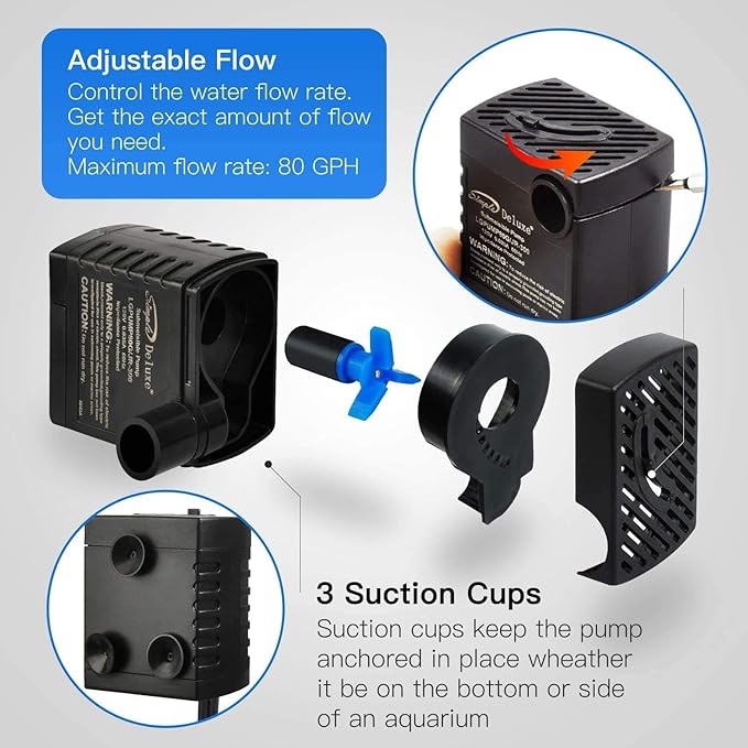 Simple Deluxe 80 GPH Water Table Pump with Adjustable Intake for Fish Tank, Hydroponics, Aquaponics, Fountains, Ponds, Statuary, Aquariums & more, Black