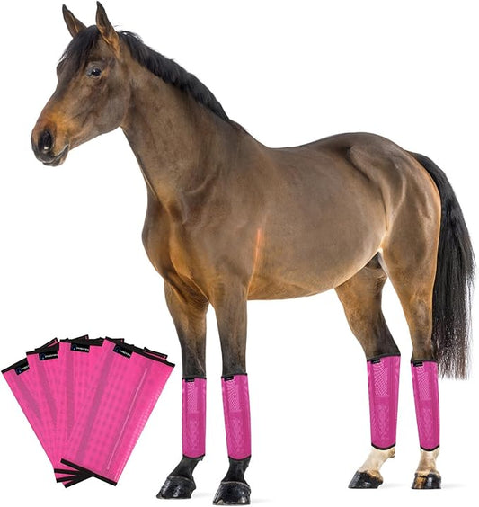 Horse Fly Boots, Adjustable Fly Boots for Horses Set of 4, Comfortable Horse Leggings, Breathable Plastic Mesh Material, Horse Supplies for Reduces Stress & Leg Fatigue (Pink)