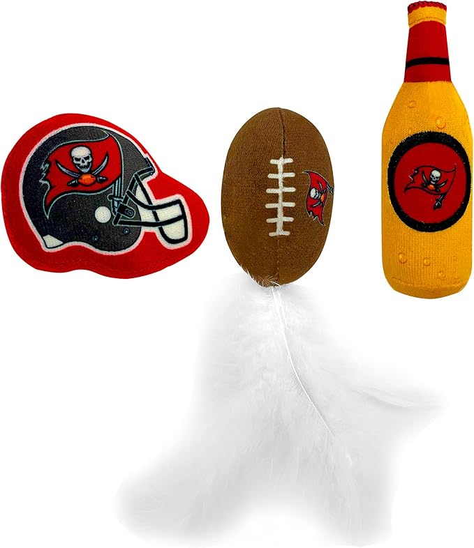 BEST PLUSH CAT TOY - NFL TAMPA BAY BUCCANEERS Complete Set of 3 piece Cat Toys filled with Fresh Catnip. Incld: 1 Helmet Cat Toy, 1 Football Cat Toy with Feathers & 1 Beer Bottle. Beautiful Team LOGOS