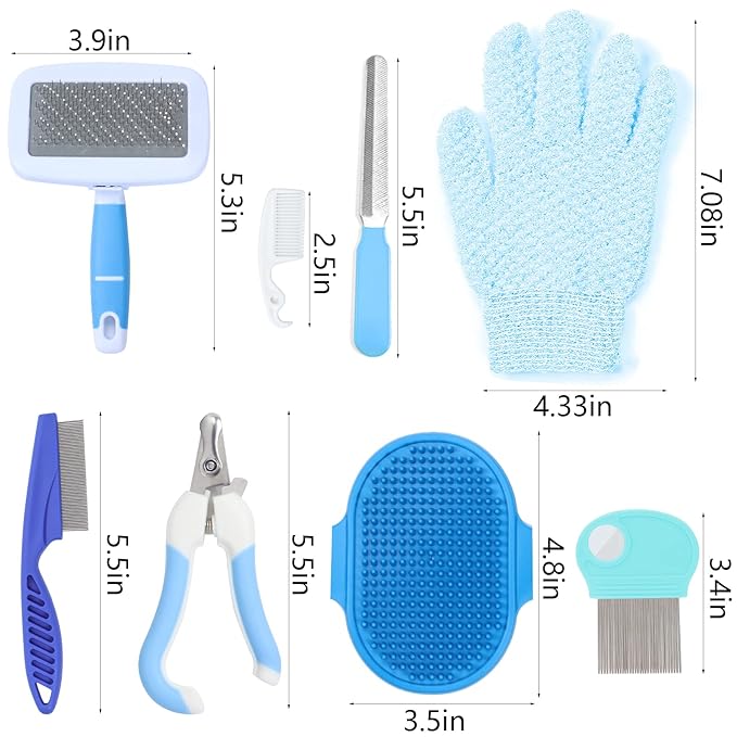 8 Pcs Small Animal Pink Grooming Kit, Rabbit Grooming Kit with Pet Nail Clipper and File, Flea Comb, Pet Shampoo Bath Brush , Pet Shedding Slicker Brush, Bath Massage Glove, Cleaning Comb (Blue)